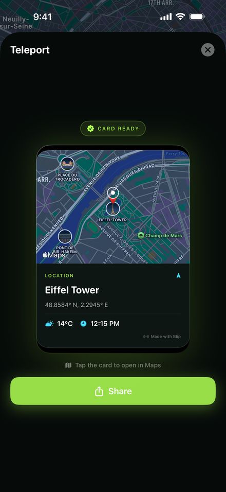 A Blip location card for the Eiffel Tower with a map, coordinates, 14°C and 12:15 PM.