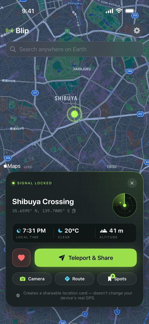 Blip's map centred on Shibuya Crossing in Tokyo, showing local time 7:31 PM, 20°C and 41 m altitude.