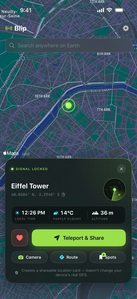 Blip's map with the Eiffel Tower selected: coordinates, 12:26 PM local time, 14°C, 36 m altitude, and the line 'Creates a shareable location card, doesn't change your device's real GPS.'