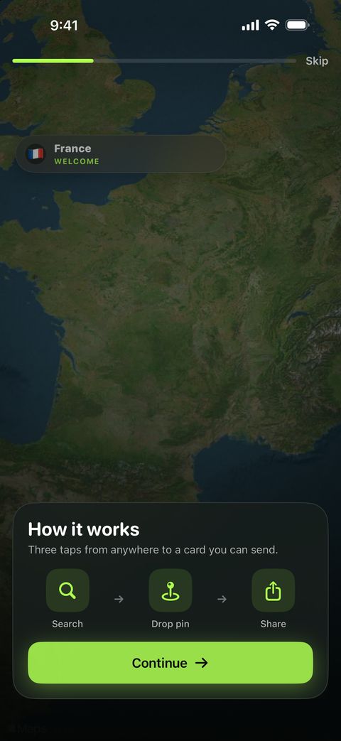 Blip's How it works screen: Search, Drop pin, Share.